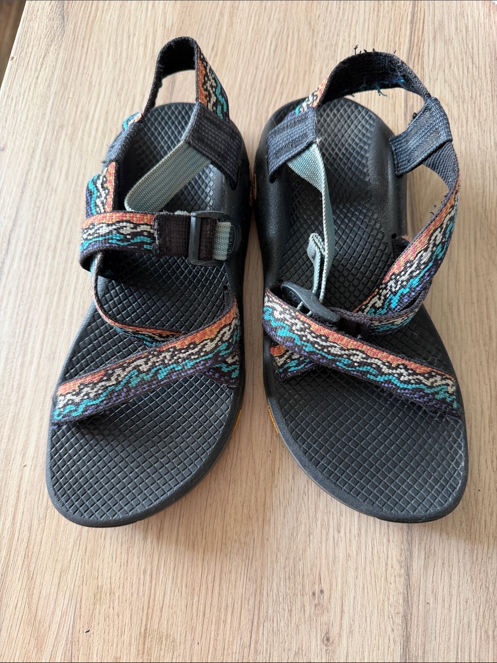 Chaco Women's Black Sandals with Multicolor Straps (Teal, Orange, Brown)